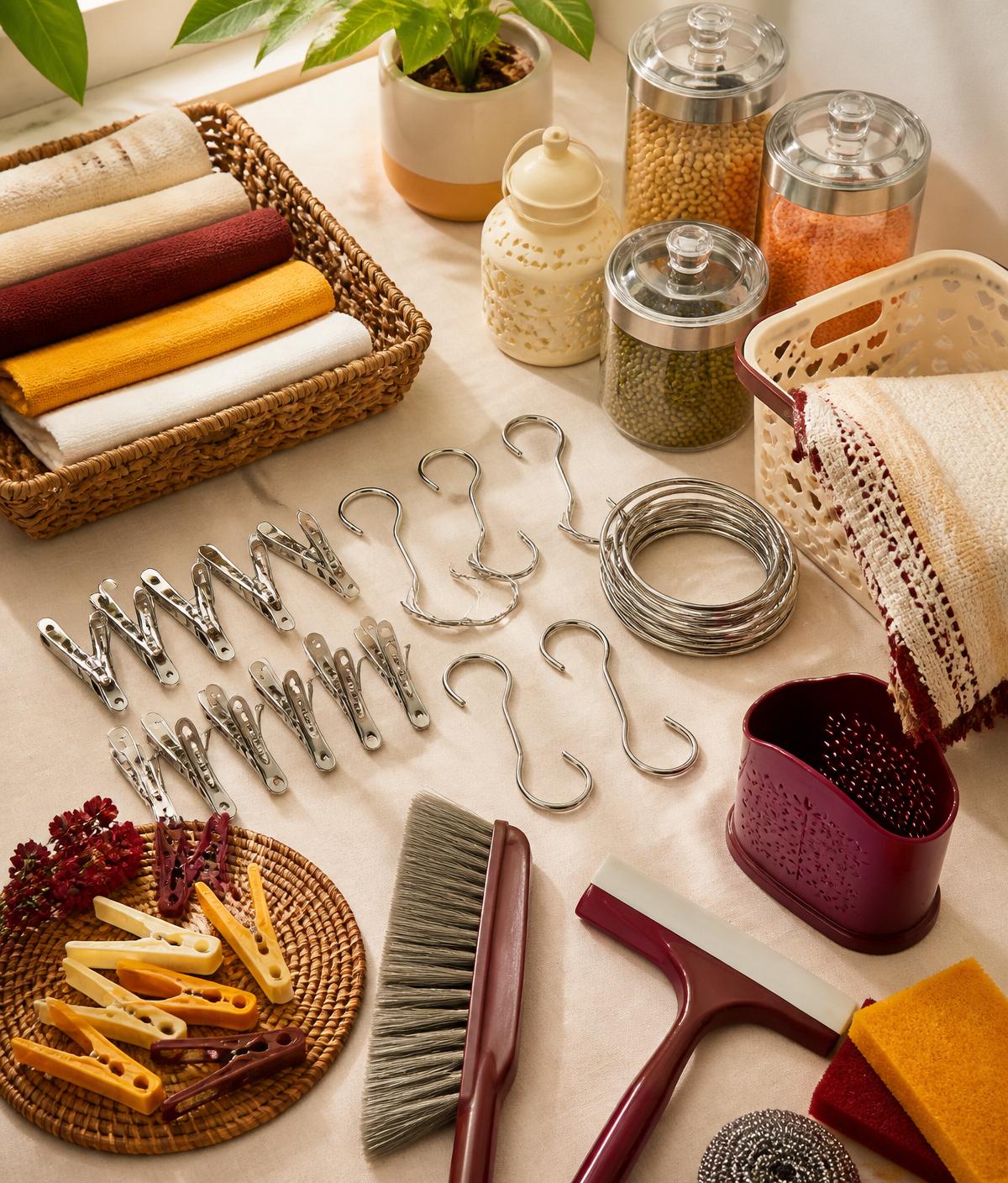CozyGhar household essentials — clothesline hooks, storage jars, cleaning tools