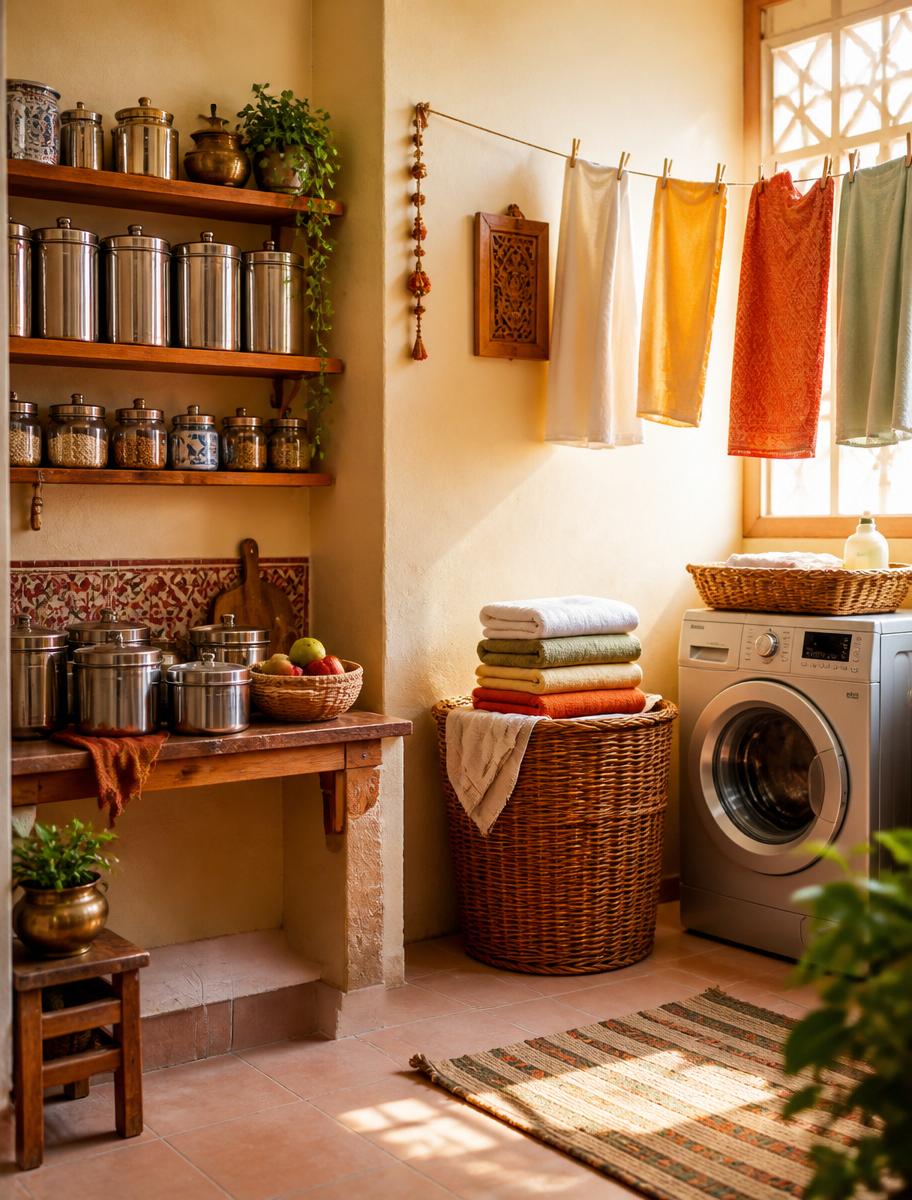 Cozy Indian home — kitchen storage and laundry corner